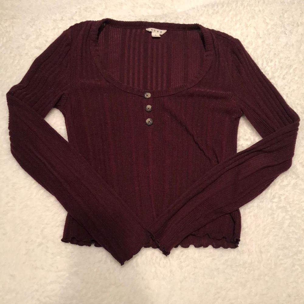 Burgundy Long Sleeve Ribbed Ruffle Crop Shirt